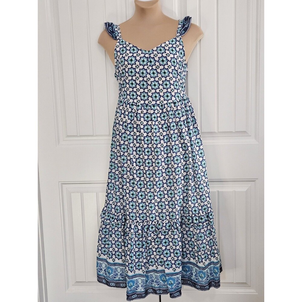 Lucky Brand Tiered Maxi Dress Sz M Cotton Ruffles Boho Stretchy Back Smocked